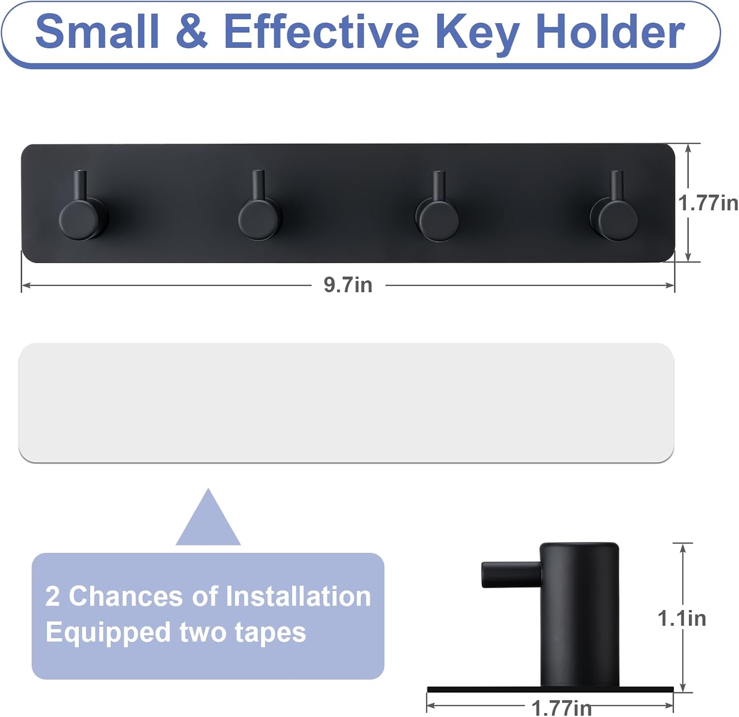 Key Holder with 4 Hooks.Key Hanger Organizer for Wall Mount with 2 Self-Adhesive Tapes.Metal Key Rack for Entryway. Door. Bathroom. Kitchen(Black) - Image 2