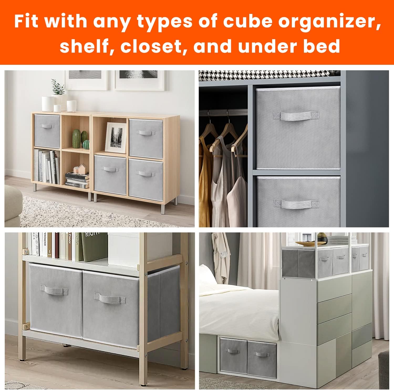 Criusia Storage Cubes - 11 Inch Heavy Duty Fabric Closet Bins for Shelves. Cube Organizer - 8 Pack Collapsible Decorative Storage Bins Baskets for Organizing Clothes Blankets Toys (Grey) - Image 6