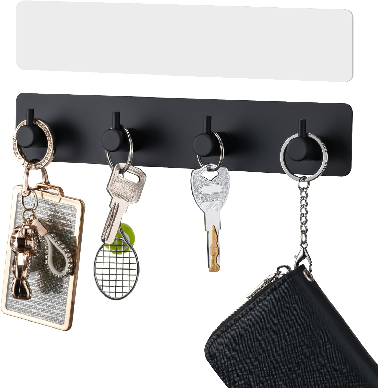 Key Holder with 4 Hooks.Key Hanger Organizer for Wall Mount with 2 Self-Adhesive Tapes.Metal Key Rack for Entryway. Door. Bathroom. Kitchen(Black)