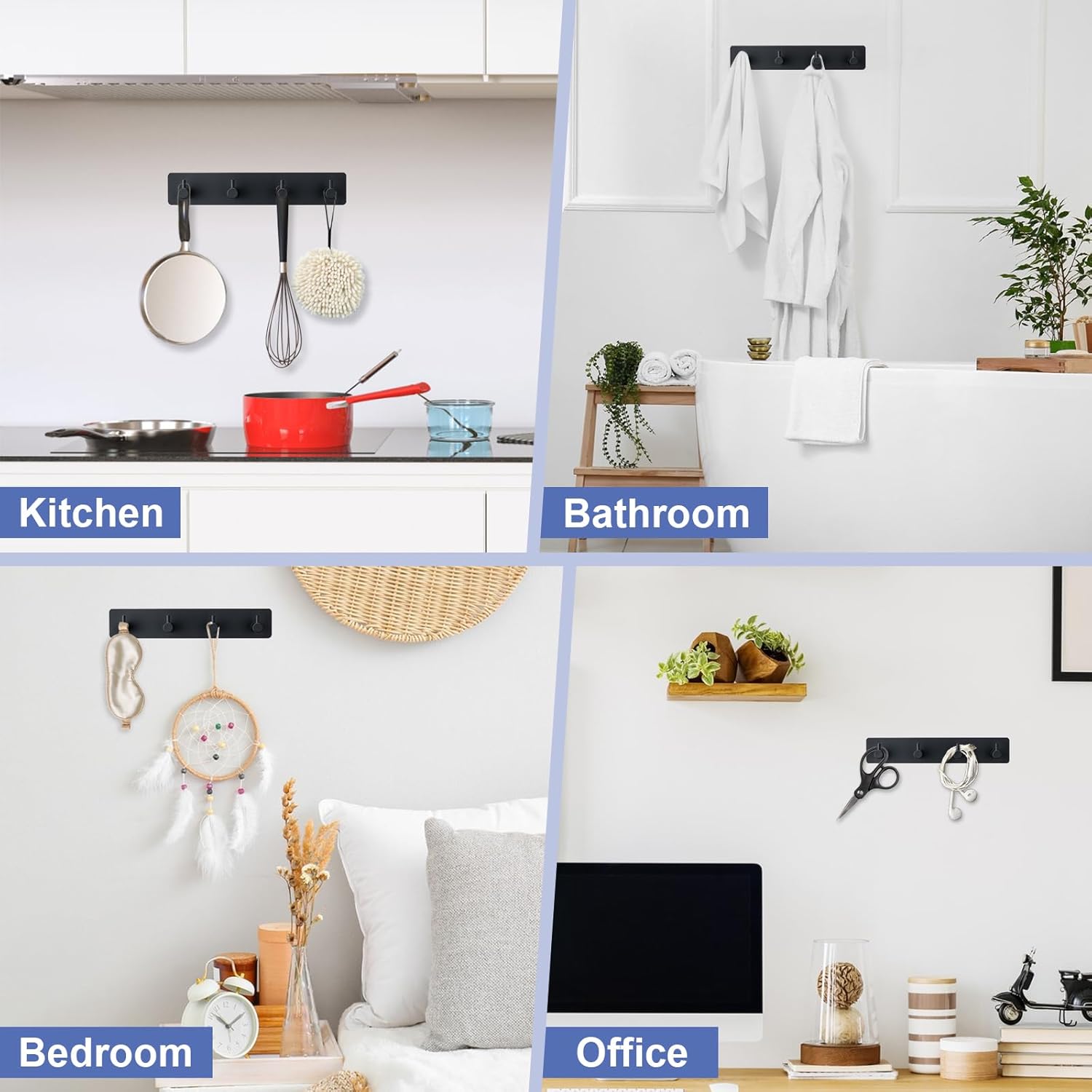Key Holder with 4 Hooks.Key Hanger Organizer for Wall Mount with 2 Self-Adhesive Tapes.Metal Key Rack for Entryway. Door. Bathroom. Kitchen(Black) - Image 4