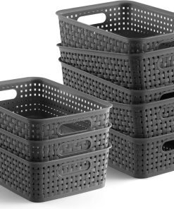 NETANY Plastic Storage Baskets - 8 Pack. Gray. Durable. Easy to Use. Flexible. Multi-Purpose. Ideal for Closets. Cabinets. Shelves. Countertops