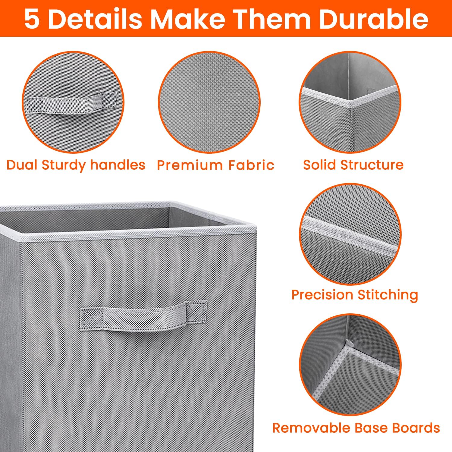 Criusia Storage Cubes - 11 Inch Heavy Duty Fabric Closet Bins for Shelves. Cube Organizer - 8 Pack Collapsible Decorative Storage Bins Baskets for Organizing Clothes Blankets Toys (Grey) - Image 3